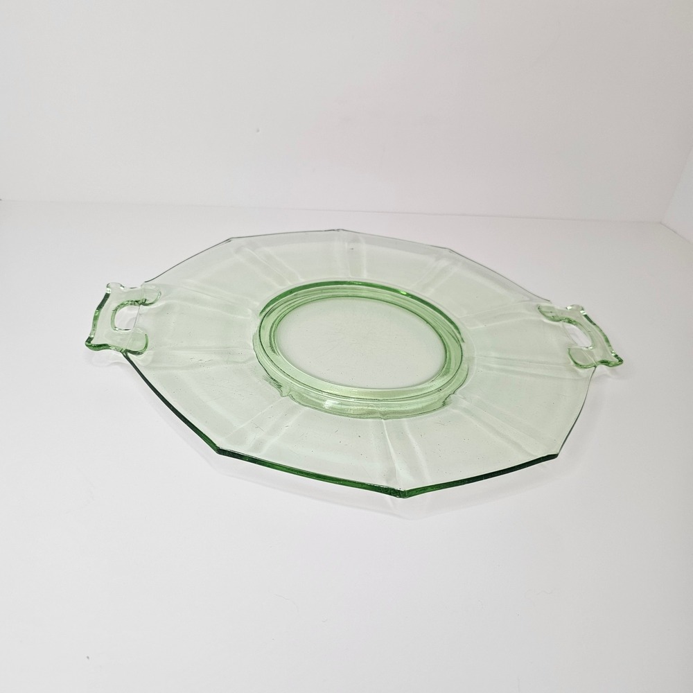 Vintage Green "Light" Uranium Depression Glass  Serving Tray with Handles 12.5"